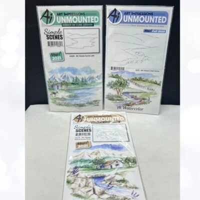 Художественные впечатления СЦЕНА ОЗЕРА Каменный ручей Река Пейзаж Резиновые Штампы Лот из 3 - Изображение 1 из 4