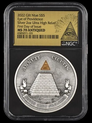 Reloj Niue 2022 $5 2 oz dorado Silver Eye of Providence NGC MS70 antiguo #614/1999 Foto 1 de 4