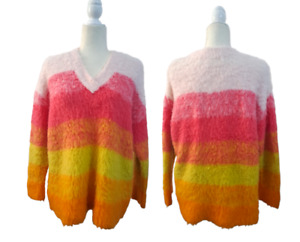 Anthropologie Women's Simone Striped Sweater Pink Orange Multi V Neck Medium