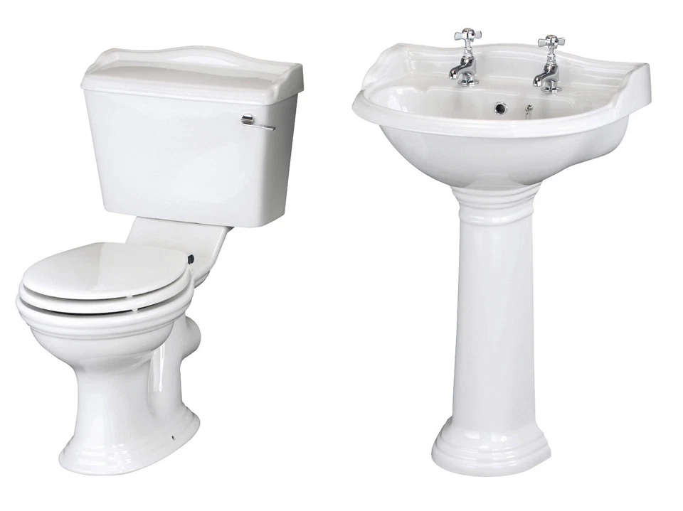 Traditional Bathroom Basin Sink and Toilet WC Cistern Pan With Seat Set Suite
