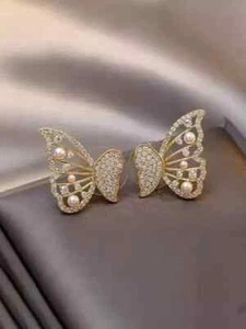Real Moissanite 2.10Ct Round Cut Butterfly Stud Earings 14K Yellow Gold Plated - Picture 1 of 6