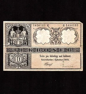 Denmark 10 Kroner 1908 P-7f * F-VF * Early & Rare Date * - Picture 1 of 2