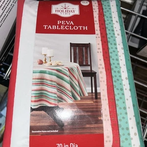 Holiday Time 70" Round Peva Vinyl Tablecloth Christmas Striped Green Red White  - Picture 1 of 1