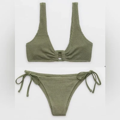 NUEVO CON ETIQUETAS Aerie JUEGO COMPLETO Brillante Arruga Correa Ancha Superior + Corbata de Cuerda Parte Inferior Verde Foto 1 de 4