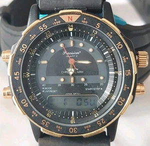 VINTAGE GRUEN CHRONOALARM PRECISION QUARTZ MENS ANALOG DIGITAL WATCH BLACK BAND - Picture 1 of 15