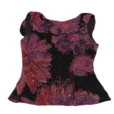 Кэш бисером фиолетовый розовый черный цветочный чистый шелк верхний вечеринки вечер Y2K гламур XS - Изображение 1 из 4