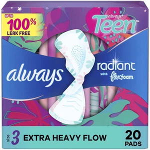 Always Radiant Teen Pads, Size 3, Extra Heavy, Wings, 20 CT - Picture 1 of 7