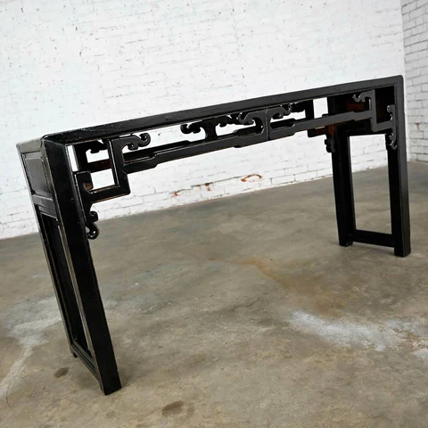 Asian Chinoiserie Distressed Black Finish Alter Style Sofa Console Table Cover