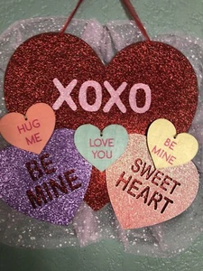 Valentines Day wooden Glittery Heart wall door sign wreath Sweet Candy Hearts - Picture 1 of 6