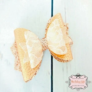 Girls Hair Accessories Rose Gold Lace & Glitter Large Hair Bow Clip 4 1/4 inch - Picture 1 of 1