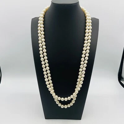 Pearl Necklace Two Layers Strand Faux Bead Crystal Rhinestone Clasp Silver Tone - Image 1 of 4