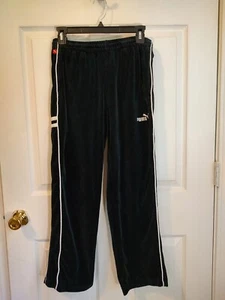 Puma Velour Track Pants Boys Large Elastic Waist Pull On Black White - Picture 1 of 5