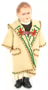 Vintage traditionelle polnische Charakter Stoffpuppe Zelluloid Kopf Wollmantel - Bild 1 von 16