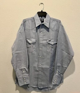 Vintage 70s 80s Light Blue Wrangler Pearl Snap Western Shirt 16.5 Long Tails - Picture 1 of 7