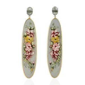 56.00ct Bakelite multicolor flower leaf print Earrings Enamel Tourmaline 18kgold - Picture 1 of 5