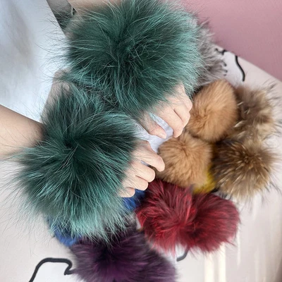 Real Fox Fur Party Cuff Genuine A Pair Plush Fashion Fuzzy Gloves Bracelet Warm - Image 1 of 4