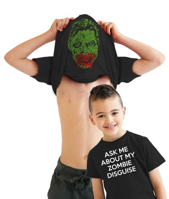 Youth Ask Me About My Zombie Disguise T shirt Funny Halloween Flip Costume Tee - Image 1 of 4