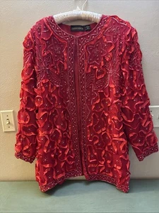 Sequin Hi Fashion Top Red Long Sleeve Plus 1X Formal Wedding Event Shine - Picture 1 of 11
