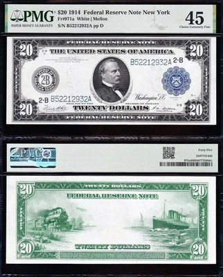 AWESOME Crisp HIGH GRADE 1914 $20 NEW YORK FRN Note! PMG 45! FREE SHIP! 12932A - Image 1 of 3