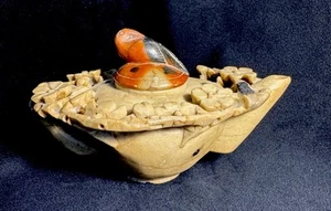 Antique Chinese Republic Yellow & Red Carved Bird/Floral Soapstone Teapot DAMAGE - Picture 1 of 13