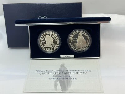 2000 P Leif Erikson Proof Commemorative Silver Dollar 2 Coin Set OGP Box COA - Image 1 of 4