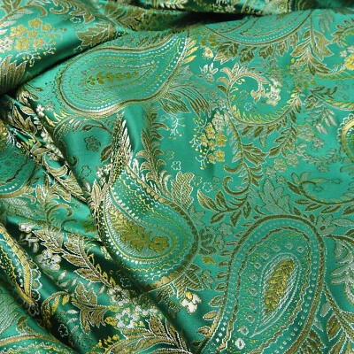 Green Gold Paisley Brocade Fabric Shiny Metallic 1 Yard Long x 46" Wide - Image 1 of 4