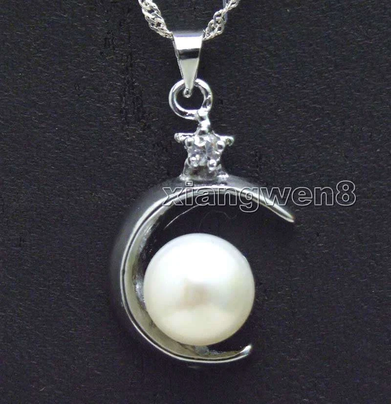 18mm Moon Pendant Necklace for Women 9-10mm Round White Pearl 17" Chain Chokers - Image 1 of 4