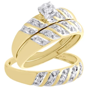 10K Yellow Gold Solitaire Diamond Trio Set Engagement + Wedding Rings 1/20 Ct. - Picture 1 of 9