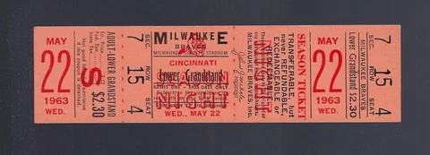 VINTAGE 1963 BRAVES FULL TICKET - MAY 22 - MANTLE 500 FOOT HOME RUN - READ Cover