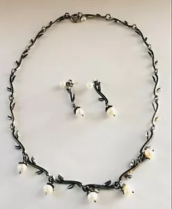 Collar de plata 925 genuino hoja de perlas rama y pendientes convertibles - Imagen 1 de 11