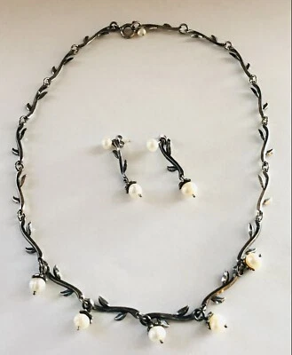 Collar de plata 925 genuino hoja de perlas rama y pendientes convertibles Foto 1 de 4