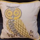 Pier One 1 Throw Pillow Beaded Embroidered Owl Rhinestone Gold Back On White