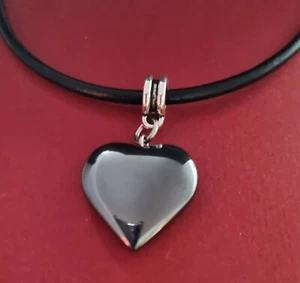 Heart Hematite Leather Necklace Pendant and Cord Love black Statement - Picture 1 of 4