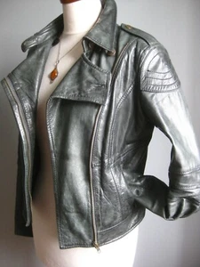 NEXT REAL LEATHER JACKET 8 biker military steampunk goth soft grey distressed - Picture 1 of 12