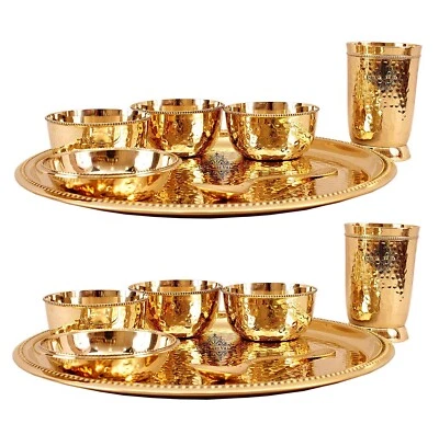 Brass 7 Pcs Dinner Set Plate, 1 Glass, 1 Spoon, 1 Small Plate & 3 Bowls Set of 2 - Image 1 of 4
