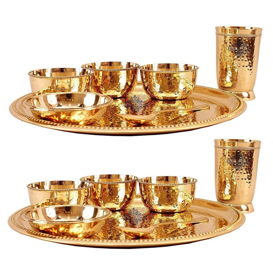 Brass 7 Pcs Dinner Set Plate, 1 Glass, 1 Spoon, 1 Small Plate & 3 Bowls Set of 2 - Image 1 of 4