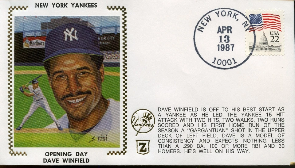 NY YANKEES OPENING DAY DAVE WINFIELD ZASO 'SILK' CACHET SPECIAL CANCEL COVER - Image 1 of 1
