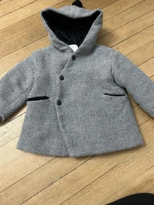 Zara Baby Gray Button Up Parka Jacket Size 3/4 Toddler Herringbone Winter Coat - Picture 1 of 11