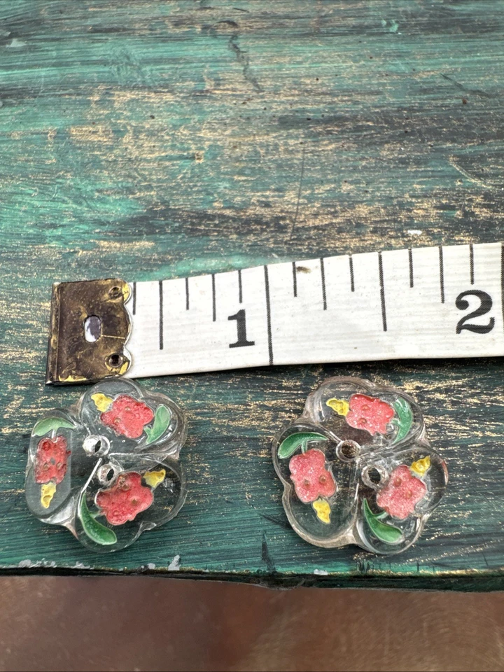 Lot Of 2 Vintage Hand Painted Glass Flower Buttons 1940’s  - Image 1 of 4