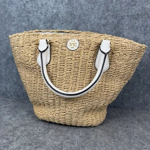 Bolso de Mano Pequeño Tory Burch Cubo de Paja Cartera Cuero Blanco - Imagen 1 de 18