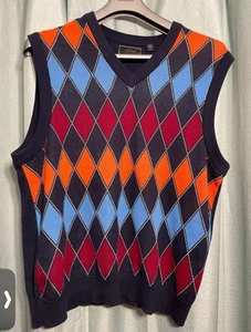 Men's Greg Norman Sweater Vest Large Navy Blue Cotton Argyle Diamond Preppy Golf - Picture 1 of 4
