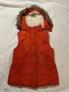 Green Tea Quilted Puffer Vest Faux Fur Hood Orange Fleece Lined Size Small - Picture 1 of 13