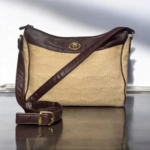 VTG Etienne Aigner Crossbody Bag Beige Woven Oxblood Leather Trim 90s Y2K Purse - Picture 1 of 9
