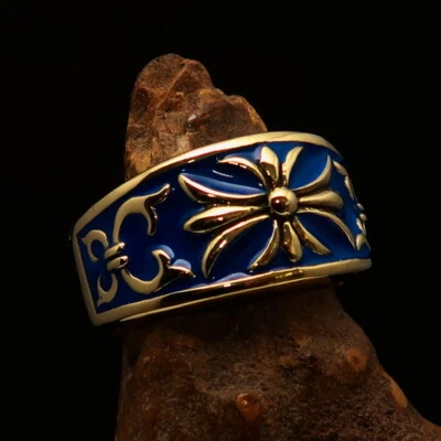 FRENCH FLEUR DE LIS RING, MENS MEDIEVAL RING, LILY CROSS SYMBOL BLUE SIZE 13 - Image 1 of 4