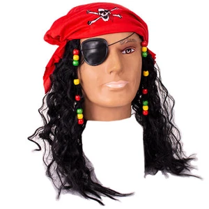 Piraten lange gewellte Herren Kostüm Perücke mit Perlen Zöpfen, Totenkopf & Knochen Kappe & Patch... - Bild 1 von 7