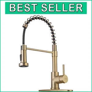 Brushed Gold Brass Kitchen Faucet with Pull Down Sprayer for Modern Utility - Picture 1 of 8