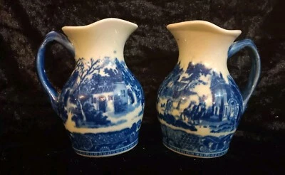 Vintage Pair of Victoria Ironstone Mini Vases Pitchers Blue & White 5in Gift - Image 1 of 4