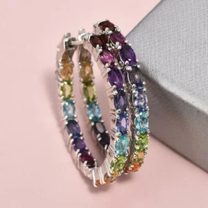925 Sterling Silver Inside Out Natural Multi Tourmaline Gemstone Hoop Earrings - Picture 1 of 2