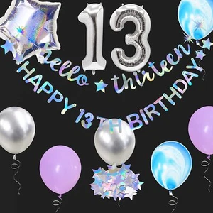 Iridescent Hello Thirteen Happy 13th Birthday Banner Garland Foil Balloon 13 ... - Picture 1 of 6