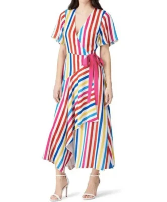 Vestido Color Me Courtney Taira Multicolor Rayas Manga Corta Envolvente Midi Talla S Foto 1 de 3